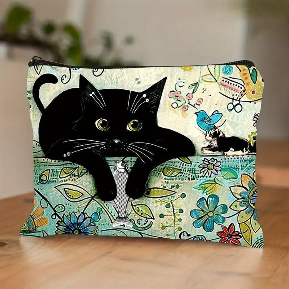 Halloween Gothic Black Cat and Flowers Makeup Bag - Double-Sided Printed